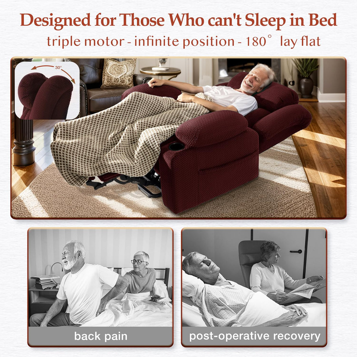 Neioml Triple Motor Large-Wide Lift Chair, Infinite Position, 180° Lay Flat, Power Lift Chairs Recliners for Elderly Big and Tall, Massage & Heat, Extended Footrest, Soft Plush Flannel (Red) Neioml