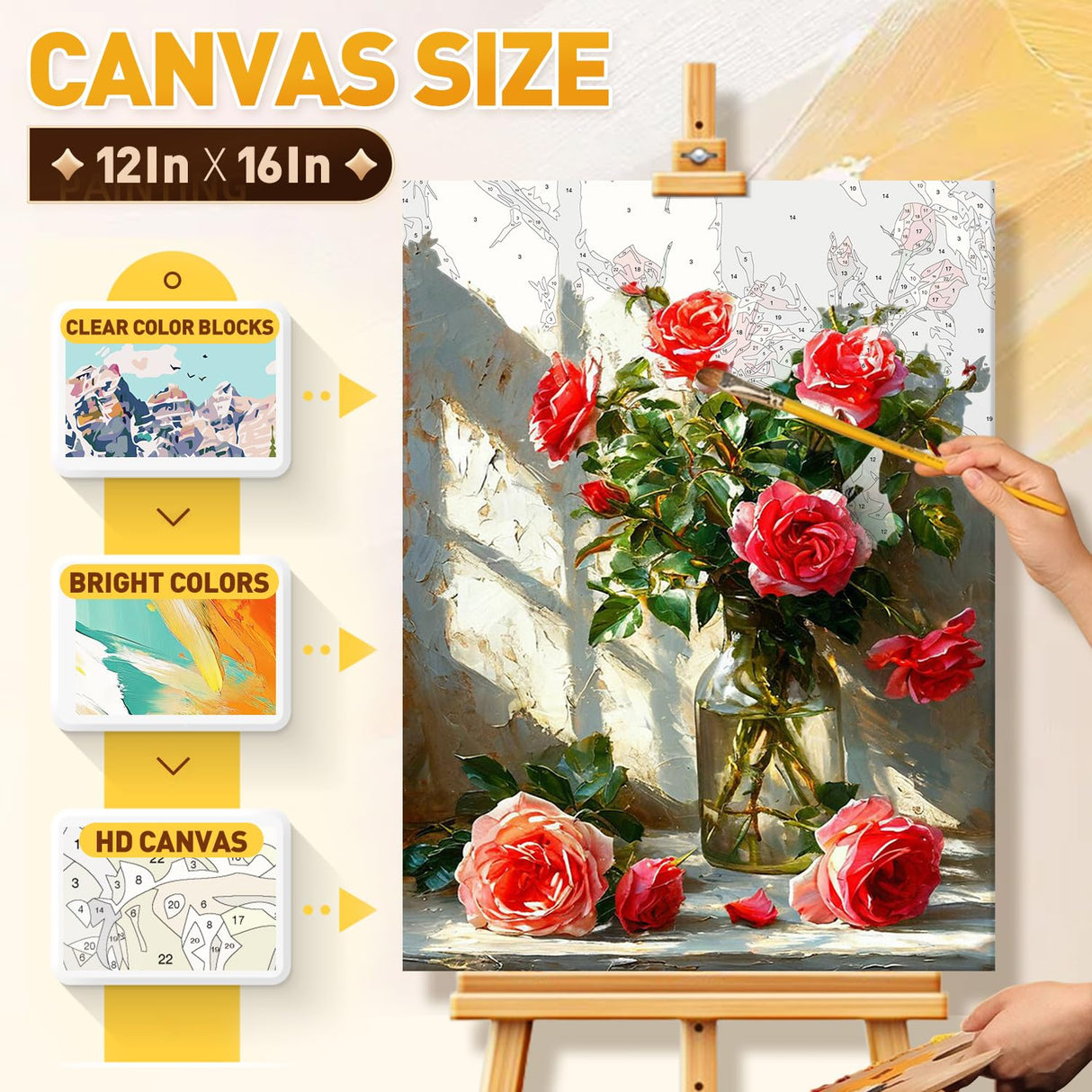 Qaisxoty Flowers Paint by Numbers Kit for Adult Beginner - Rose Paint by Numbers Kits with Rolled Canvas, Box, Brushes, Acrylic Paints - DIY Paint by Number for Home Decor & Gift (12âx16â) Qaisxoty