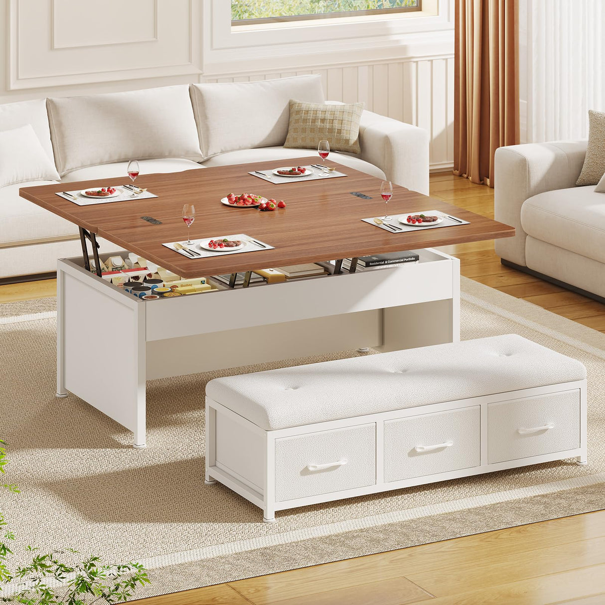 Itaar Lift Top Coffee Table Set, 43'' Multi-Function Coffee Table with Storage Drawers and Hidden Compartment, Center Table with Ottoman Bench for Living Room, White Itaar