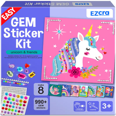 EZCRA Easy Arts and Crafts for Kids - Fun Gem Sticker Kit - 8 Unicorn Princess Themes, 990+ Stickers - Gem Art for Kids - Diamond Art Kits - Gifts for Girls Ages 3-8