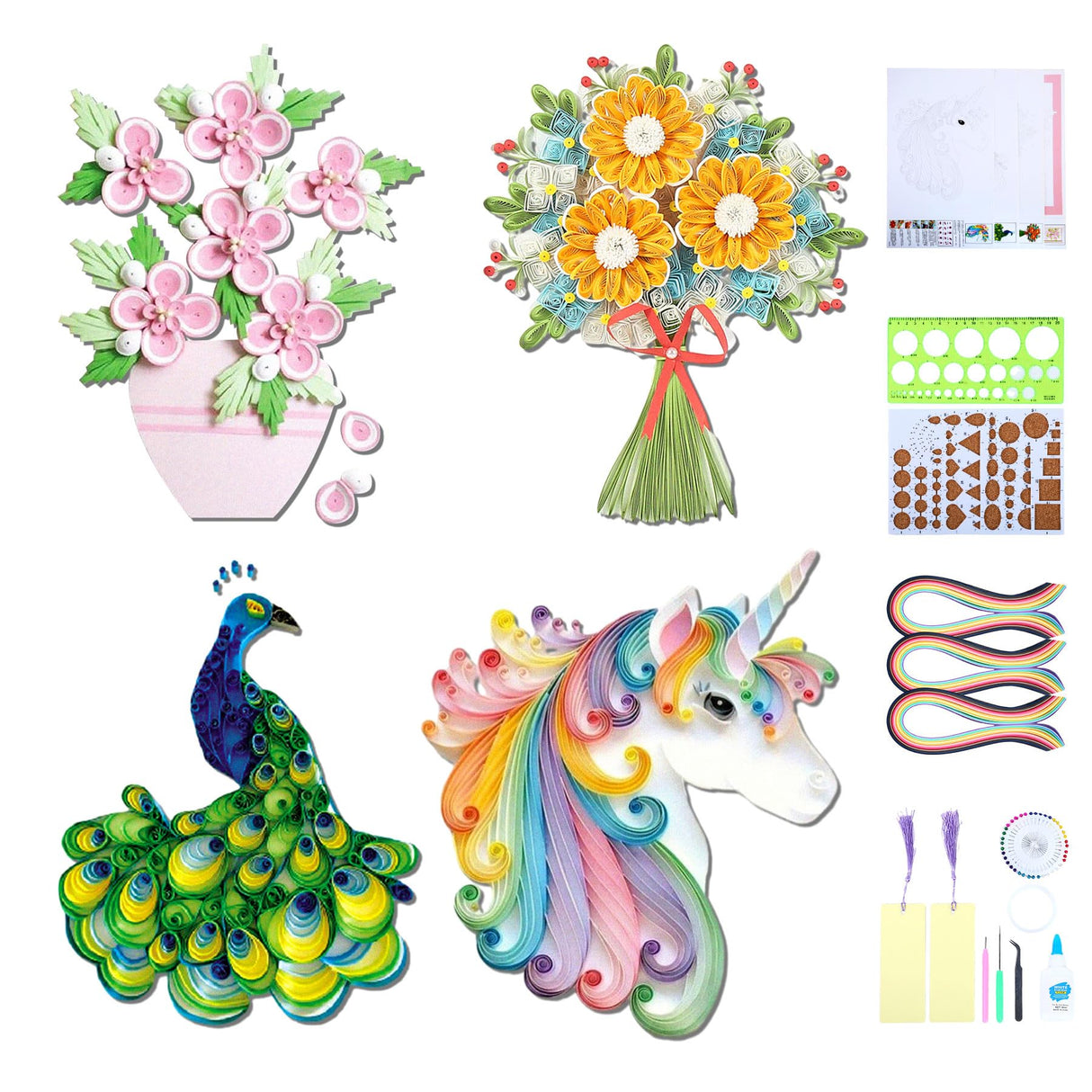 Paper Quilling Kit - Paper Quilling Kit For Beginner Adults, Paper Quilling Set with Quilling Paper Strips 5mm, Filigree Paper Tools, 4 Quilling Patterns Flowers,Peacock,Unicon DIY Craft for Kids Ohmique