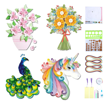 Paper Quilling Kit - Paper Quilling Kit For Beginner Adults, Paper Quilling Set with Quilling Paper Strips 5mm, Filigree Paper Tools, 4 Quilling Patterns Flowers,Peacock,Unicon DIY Craft for Kids
