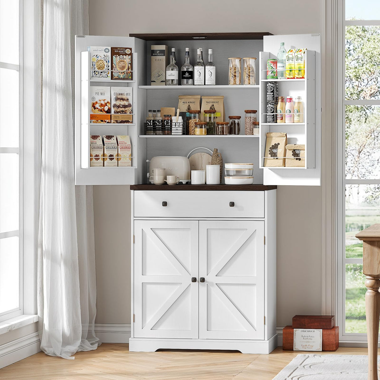 ONBRILL 71" Tall Farmhouse Kitchen Pantry with 6 Door Shelves & Drawer, Wood Pantry Storage Cabinet with 2 Adjustable Shelves & 4 Barn Doors, Freestanding Cupboard for Kitchen, Dining Room, White ONBRILL