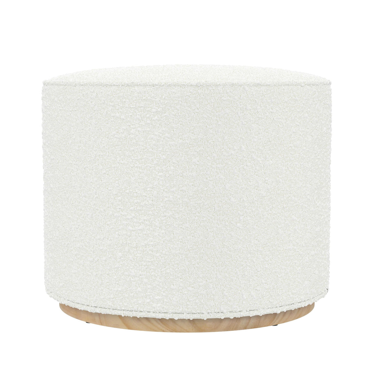 Spatial Order Bouclé Ottoman with Wooden Base – 22” Round Upholstered Footrest, Cream Textural Fabric, Modern Accent Stool for Living Room & Bedroom Spatial Order
