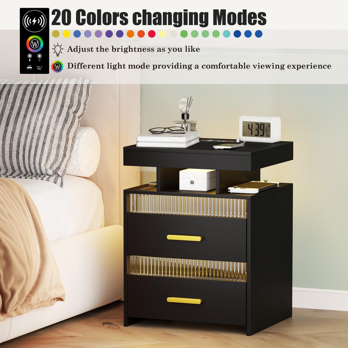 Nightstand with Charging Station and LED Lights, Night Stand with 2 Drawers, Wood Smart Bedside Table, Modern Bed Side Table for Bedroom, Black QPLZF
