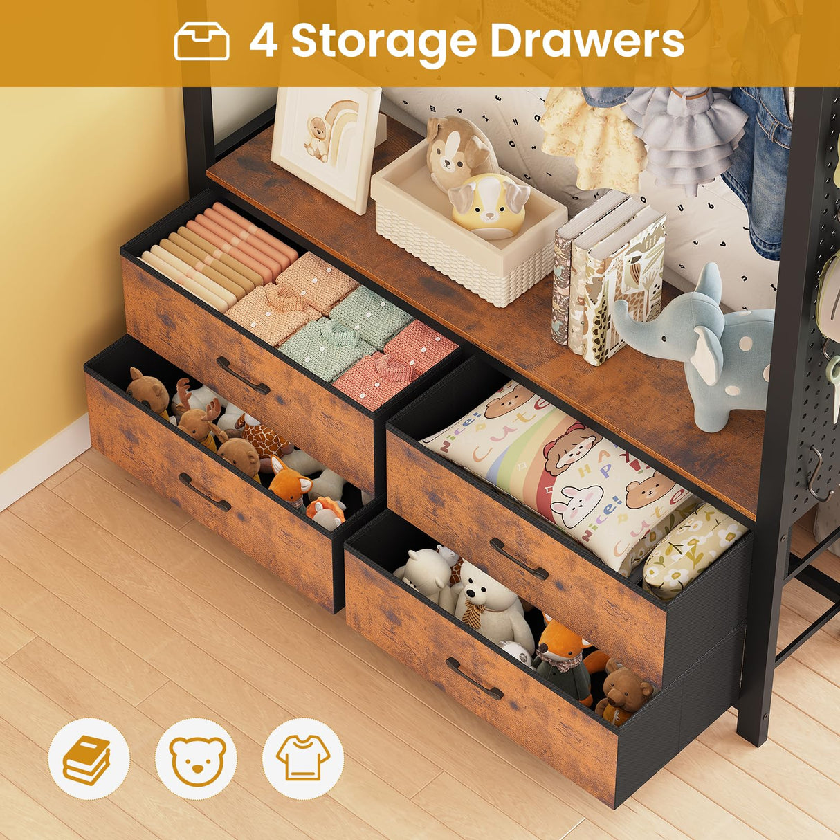 Itaar Metal Bunk Bed Twin Over Twin with Hall Tree, Power Outlet, LED Bunk Bed with 4 Storage Drawers, Bed with Safety Guardrail & Ladders, No Box Spring Needed, Easy Assembly, Rustic Brown Itaar