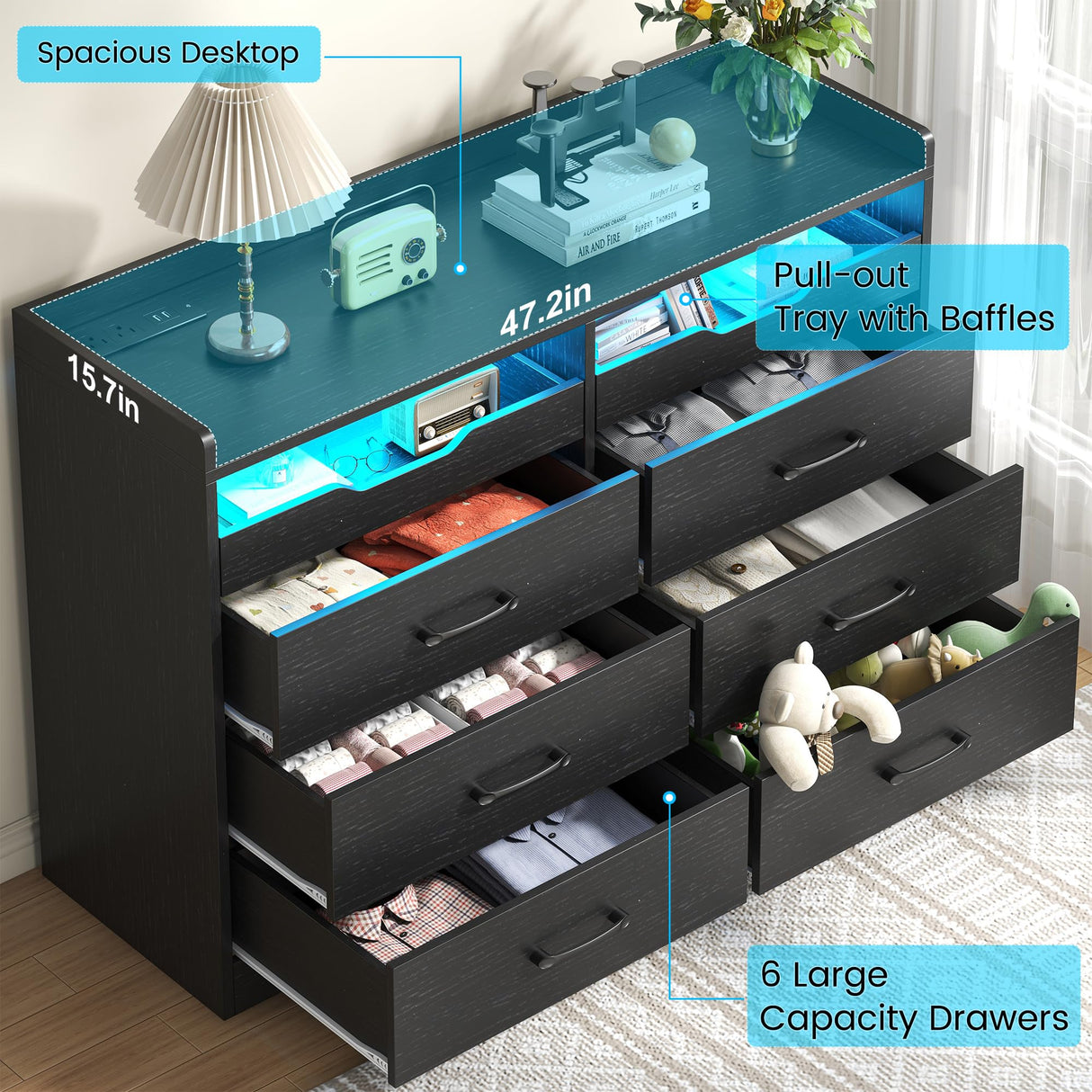 OTUTUMUS 6 Drawer Dresser for Bedroom with Charging Station & LED Light, 47.2" Black 6 Drawer Dresser with 2 Pull-Out Tray, Wood Dresser Organizer for Living Room/Closet/Hallway OTUTUMUS