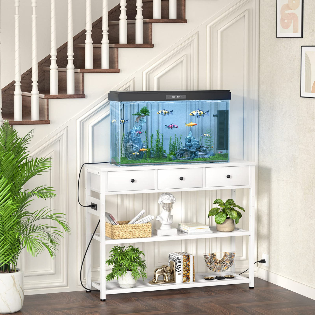 Ecoprsio 47'' Entryway Table with Outlets and USB Ports, Console Table with 3 Drawers, Sofa Table Narrow Long with Storage Shelves for Living Room, Couch, Hallway, Foyer, Kitchen Counter, White Ecoprsio