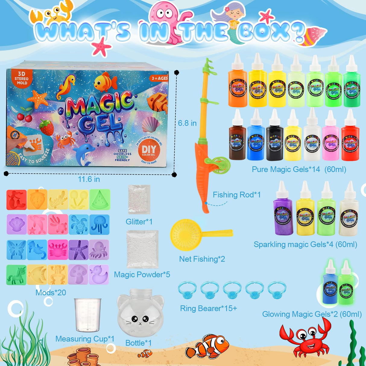 Magic Gel Water Elf Toy Kit, Squishy Making Kit for Kids with 20PCS Aqua Fairy Water Gels & Animal Mold, Gift for Christmas, Easter, Birthday, New Year, Creative Art Craft Girls 3-9 Year Old (60ml) Nicella