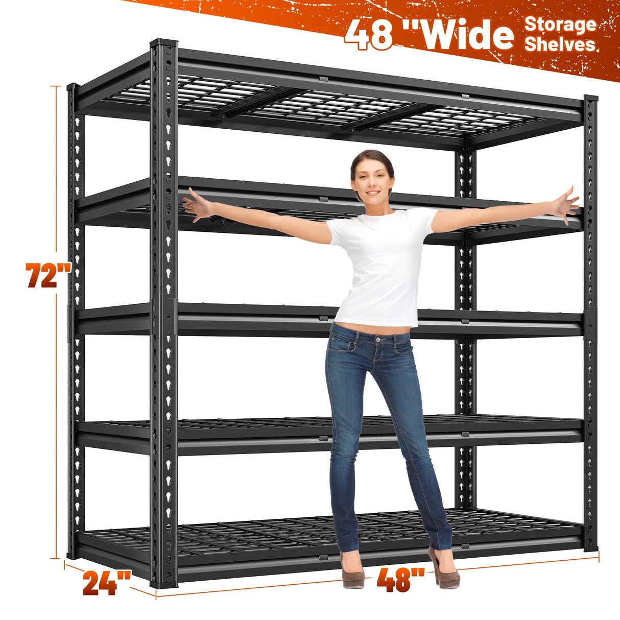 REIBII 48" W Garage Shelving 3000LBS Heavy Duty Storage Shelves, 5 Tier Adjustable Metal Shelves for Storage Rack Industrial Utility Shelf, Garage Storage Shelving Unit, 48" W x 24" D x 72" H REIBII