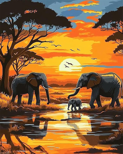 A Family of Elephants in The Forest Paint by Numbers for Adults Beginners Orange Sunset DIY Acrylic Painting Kits on Canvas Strong Colors Oil Paintwork for Home Decor 16x20inch (Without Frame)