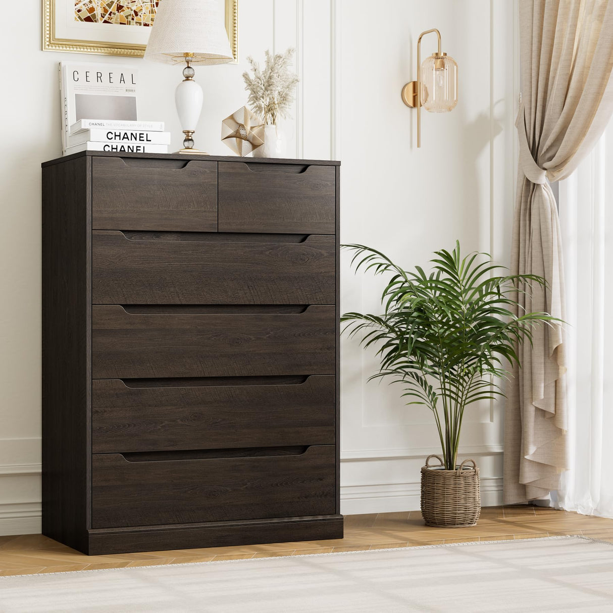 HOSTACK Modern 6 Drawer Dresser for Bedroom, Tall Chest of Drawers with Storage, Large Wood Storage Chest Organizer with Cut-Out Handle, Accent Storage Cabinet for Living Room, Hallway, Dark Brown HOSTACK