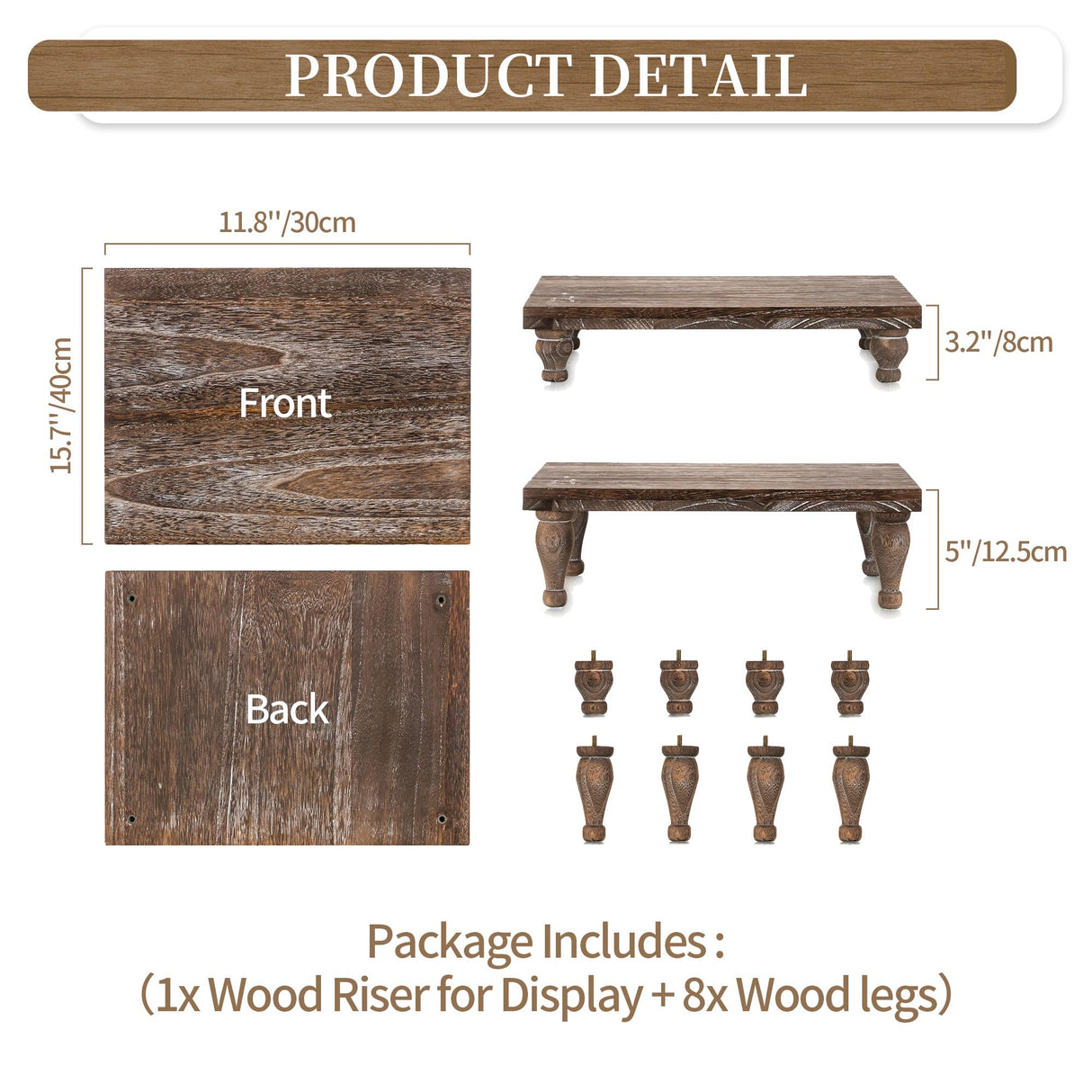 Hanobe Wooden Riser Decorative Tray: Farmhouse Wood Pedestal Display Stand Rustic Brown Tray Riser Centerpiece for Coffee Bar Kitchen Dining Room Home Table Decor, Short & Tall Footed Hanobe