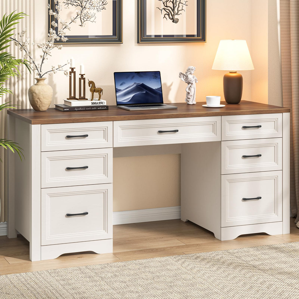 Halitaa Farmhouse Executive Desk, Wood Home Office Desk with 2 Large File Drawers and 5 Storage Cabinets, Rustic Writing Desk for Work and Study, Brown Halitaa