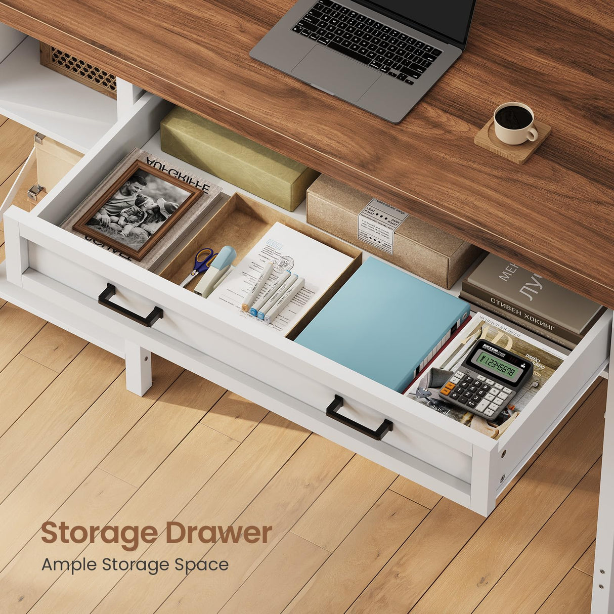 SEDETA 40" Study Table, Small Computer Desk with Drawer & Storage Shelves, Farmhouse Writing Desk for Small Space, White Home Office Desk with Power Outlet, Desk for Bedroom, Living Room SEDETA