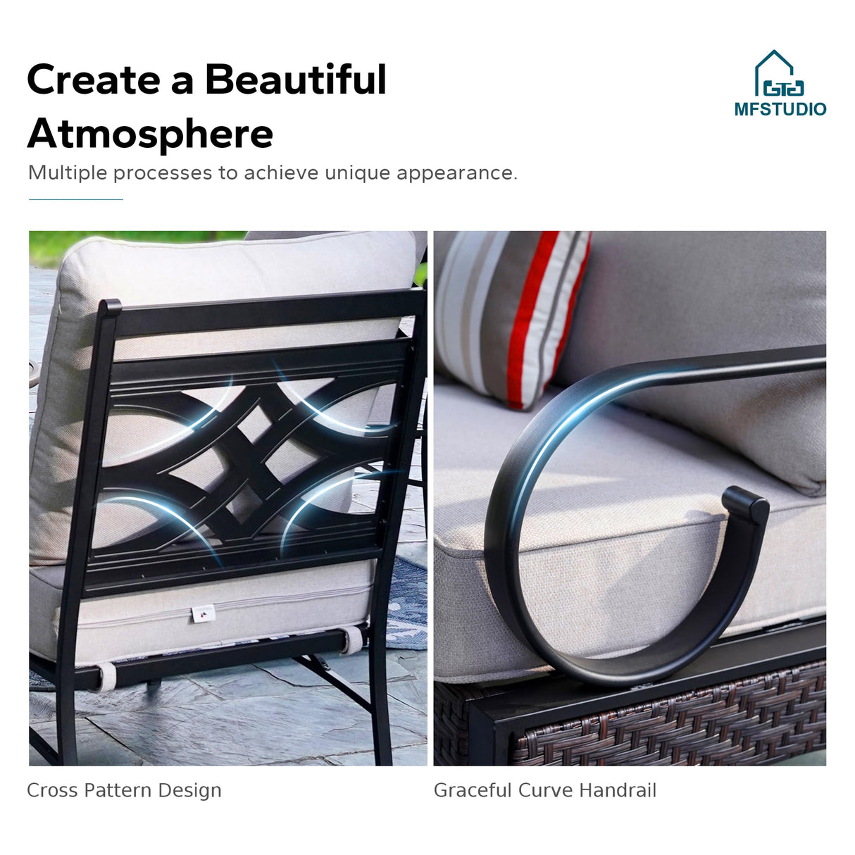 MFSTUDIO Patio Furniture Set, 8 Seats Half-Moon Curved Outdoor Sectional Sofa Conversation Set, Woven Rattan Patio Couch with 2 Wood-Like Round Coffee Table MFSTUDIO