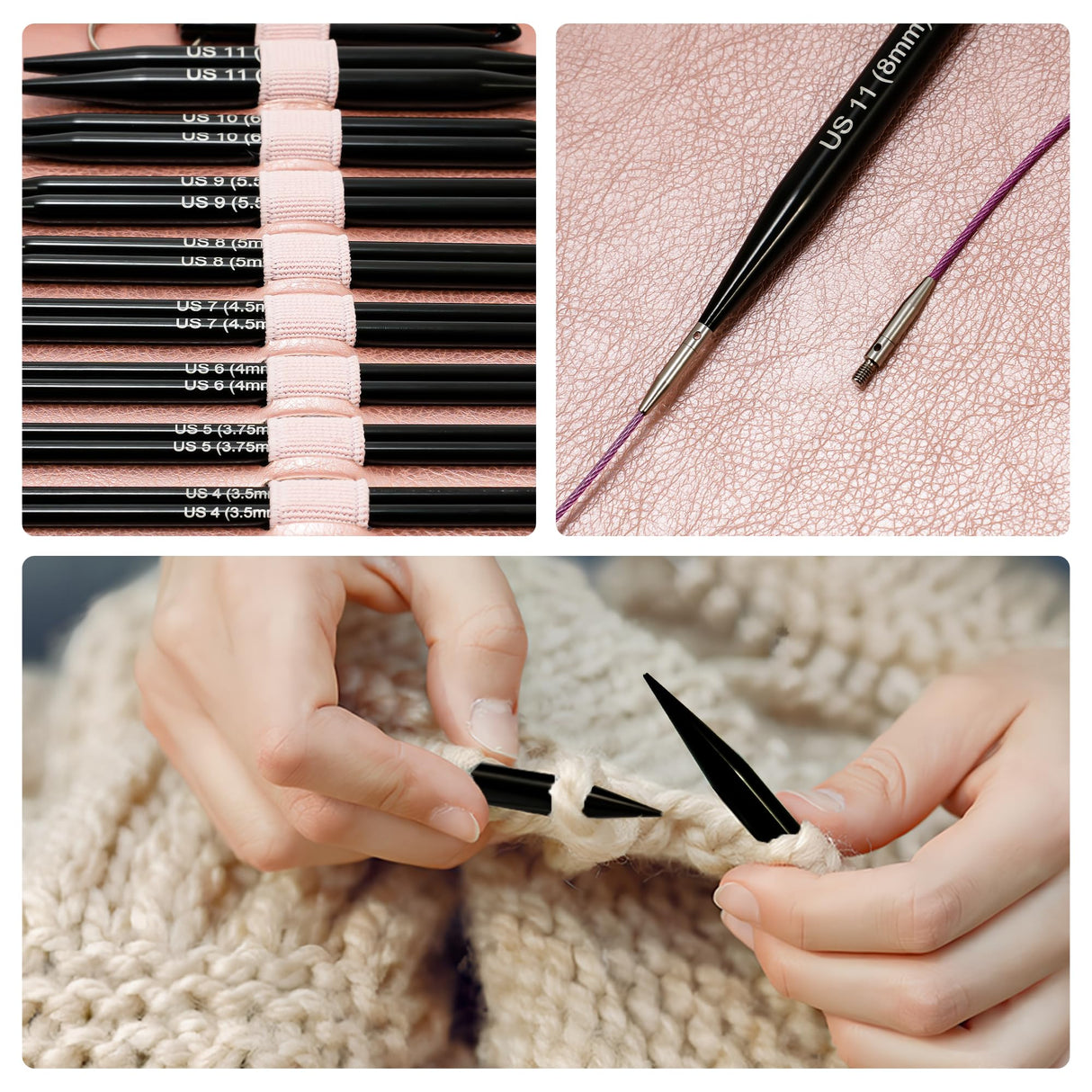 Froggod 4.53-inch (11.5cm) Interchangeable Circular Knitting Needles Set Aluminum US Sizes 2.5, 4, 5, 6, 7, 8, 9, 10, 11 with Interchangeable Knitting Needles and Cables, Accessories and Case, 9 Pairs Froggod