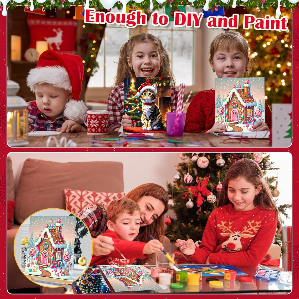 Christmas Paint by Numbers Kit for Kids with Frame - Candy House Paint by Number for Kids, Christmas Kid Painting by Number Kits Age 5-8 for Home Wall Decor 8X8inch (with Wooden Easel) ajepon