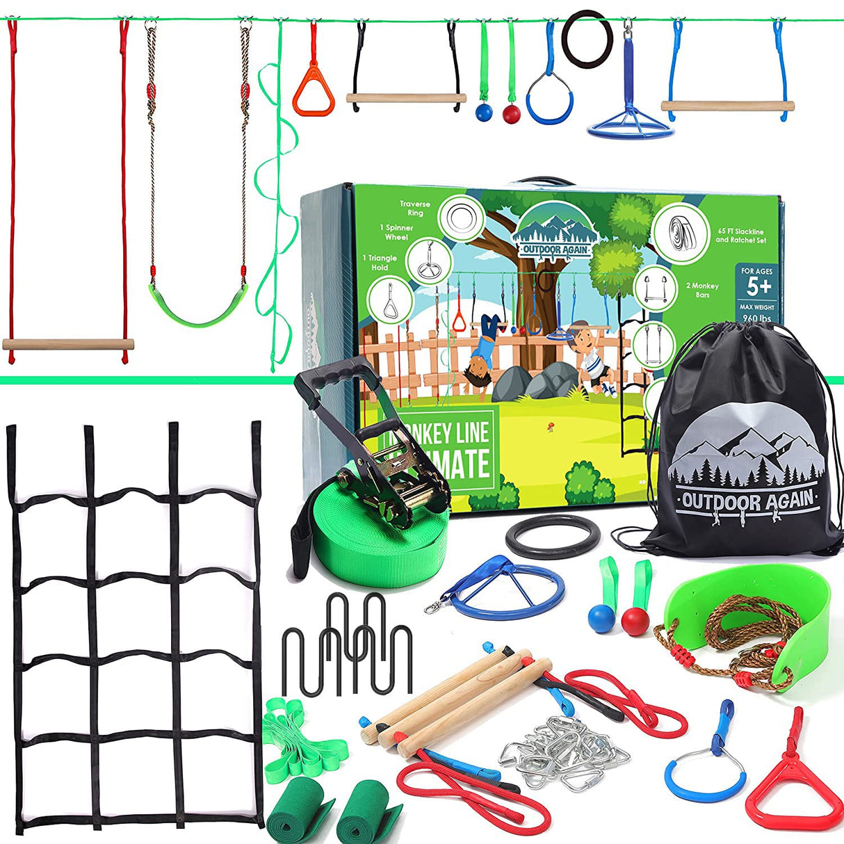 Ninja Warrior Obstacle Course for Kids – 2 x 65ft Slackline with 13 Obstacles, Weatherproof, Adjustable Difficulty, Safe Setup on Trees or Posts, Supports Up to 880lbs, Fun Outdoor Ninja Training Outdoor Again