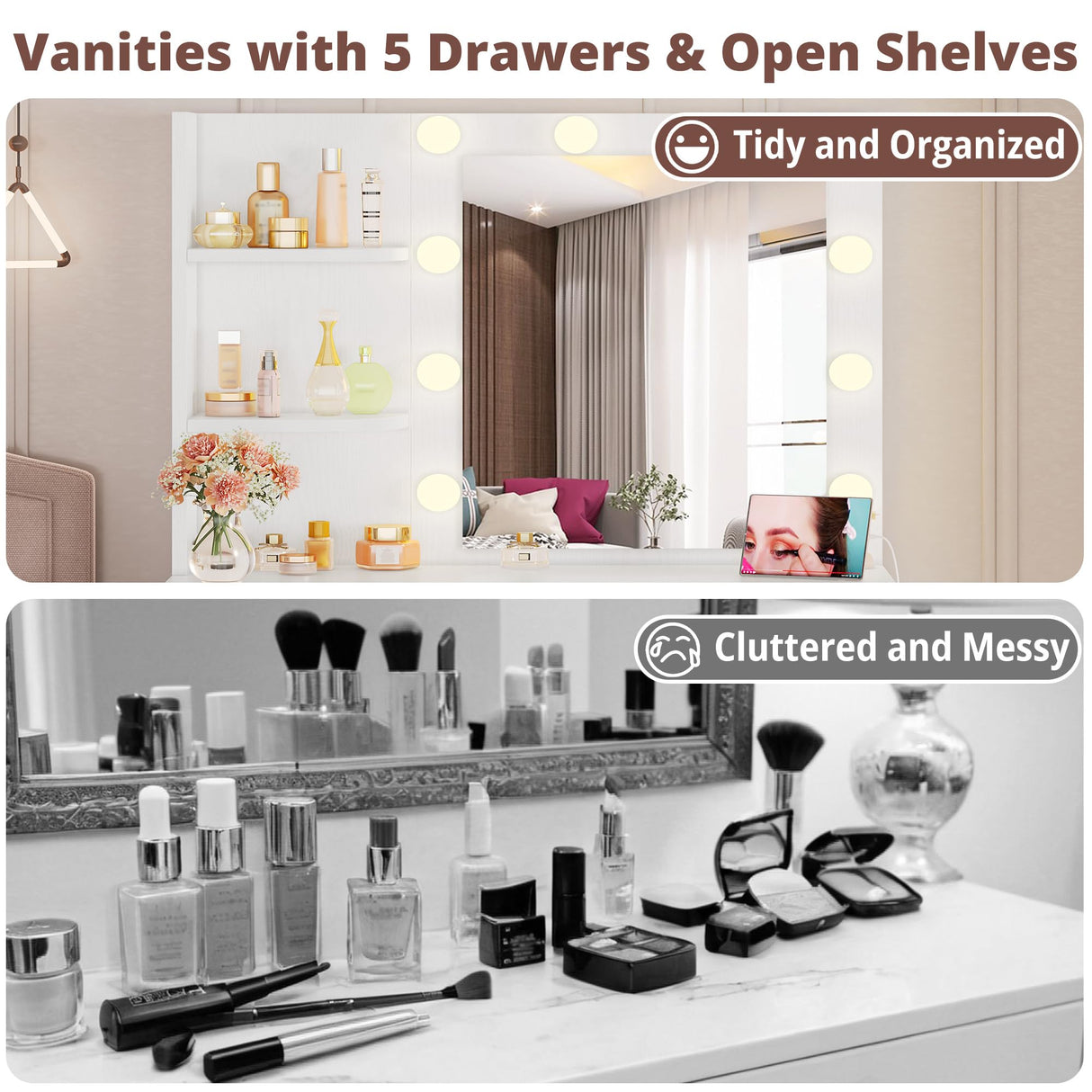 IRONCK Vanity Desk with Mirror and Lights, Small Makeup Vanity Table with 5 Drawers, Power Outlet, and Vanity Stool, 3 Lighting Colors, Dressing Table for Women Girls Bedroom, White IRONCK