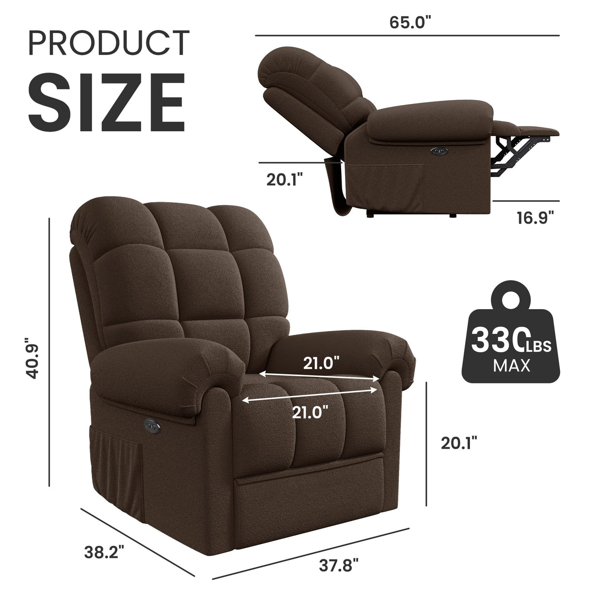 Welzona Updated Power Recliner Chair, Adjustable Electric Recliner Chair for Adults, Ultra-Comfy Teddy Fleece Recliner Chair for Small Space, Tool-Free Assembly, 2 Side Pockets and USB Port, Coffee Welzona