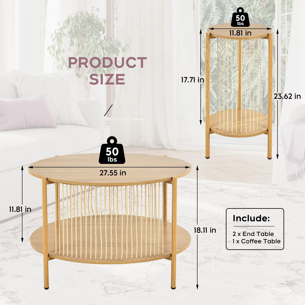 Brafab Natural Fiber Rope Coffee Table Set of 3 for Living Room, Round Rattan Coffee Table and Two End Tables, Boho 2 Tier Modern Side Table with Metal Frame for Apartment Office (Natural)
