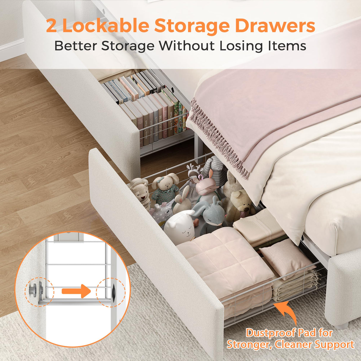 Full Boucle Upholstered LED Bed Frame with Storage Drawer and Adjustable Chic Double Arc Headboard, Princess Platform Cloud Bed with Backrest, Heavy Duty Metal Support, No Box Spring Needed, White Jocoevol