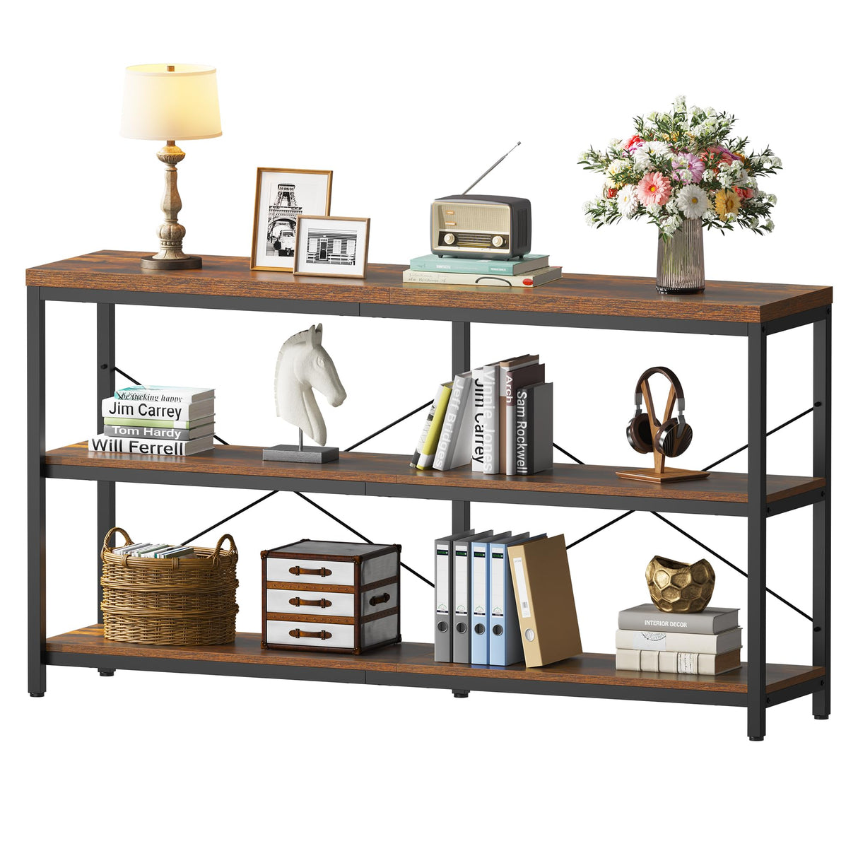 Semoic 3-Tier Industrial Bookshelf, Wide Wood Horizontal Bookcase, Open Large Book Shelf with Metal Frame, Display Rack Shelving Unit, Storage Organizer for Living Room, Bedroom & Study, Brown Semoic