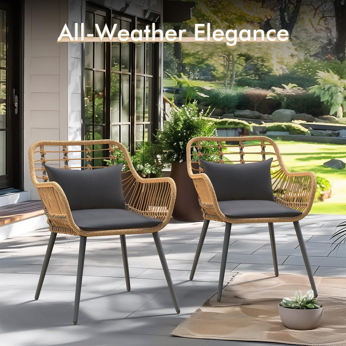 JOIVI Outdoor Patio Wicker Chairs Set of 2, Rattan Dining Chairs with Cushion and Armrest, Porch Chairs Outdoor Seating with Iron Frame, Balcony Furniture for Apartments, Lawn, Backyard, Garden, Black JOIVI