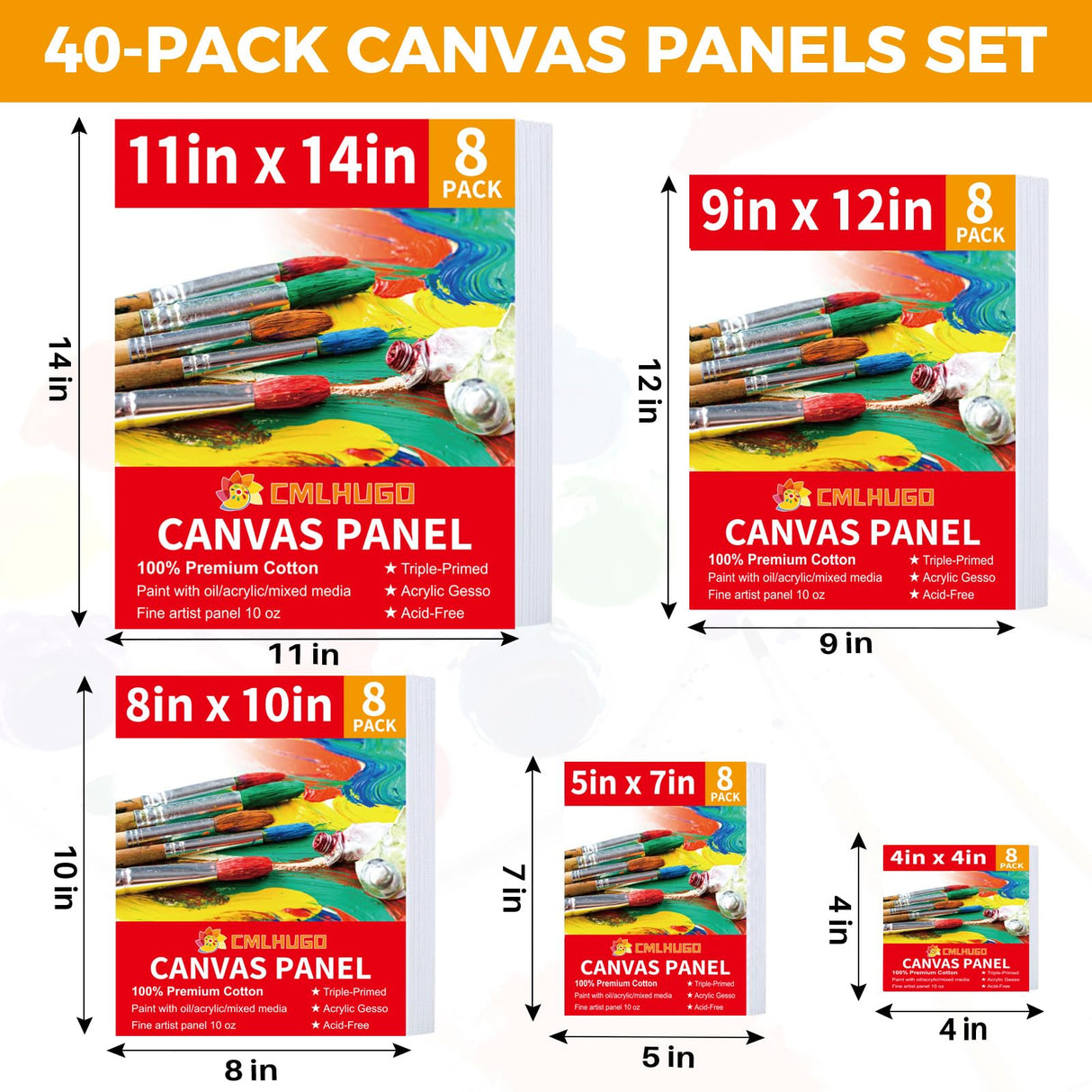 40 Pack Stretched Canvas Boards for Painting 8 of 4x4, 5X 7, 8x10, 9x12, 11x14 Art Blank Canvases, Gesso Primed 100% Cotton Canvas Panels for Acrylic Oil Watercolor Adults & Kids CMLHUGO