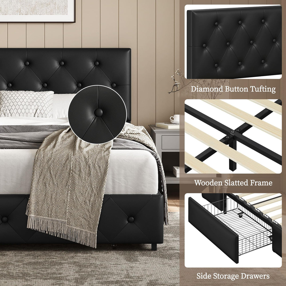 Yaheetech Full Bed Frame Upholstered Bed Frame with Adjustable Diamond Button-Tufted Headboard/3 Drawers Storage, Queen Platform Bed/Strong Wooden Slats, Black Full Bed Yaheetech
