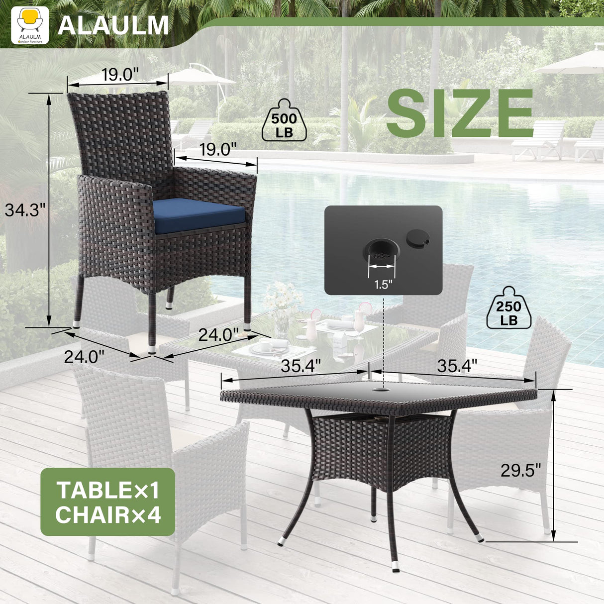 ALAULM 5 Piece Patio Dining Set All-Weather Wicker Outdoor Patio Furniture Set w/Tempered Glass Tabletop, Removable Cushions and Umbrella Hole for Patio, Backyard, Garden, Poolside(Dark Blue) ALAULM