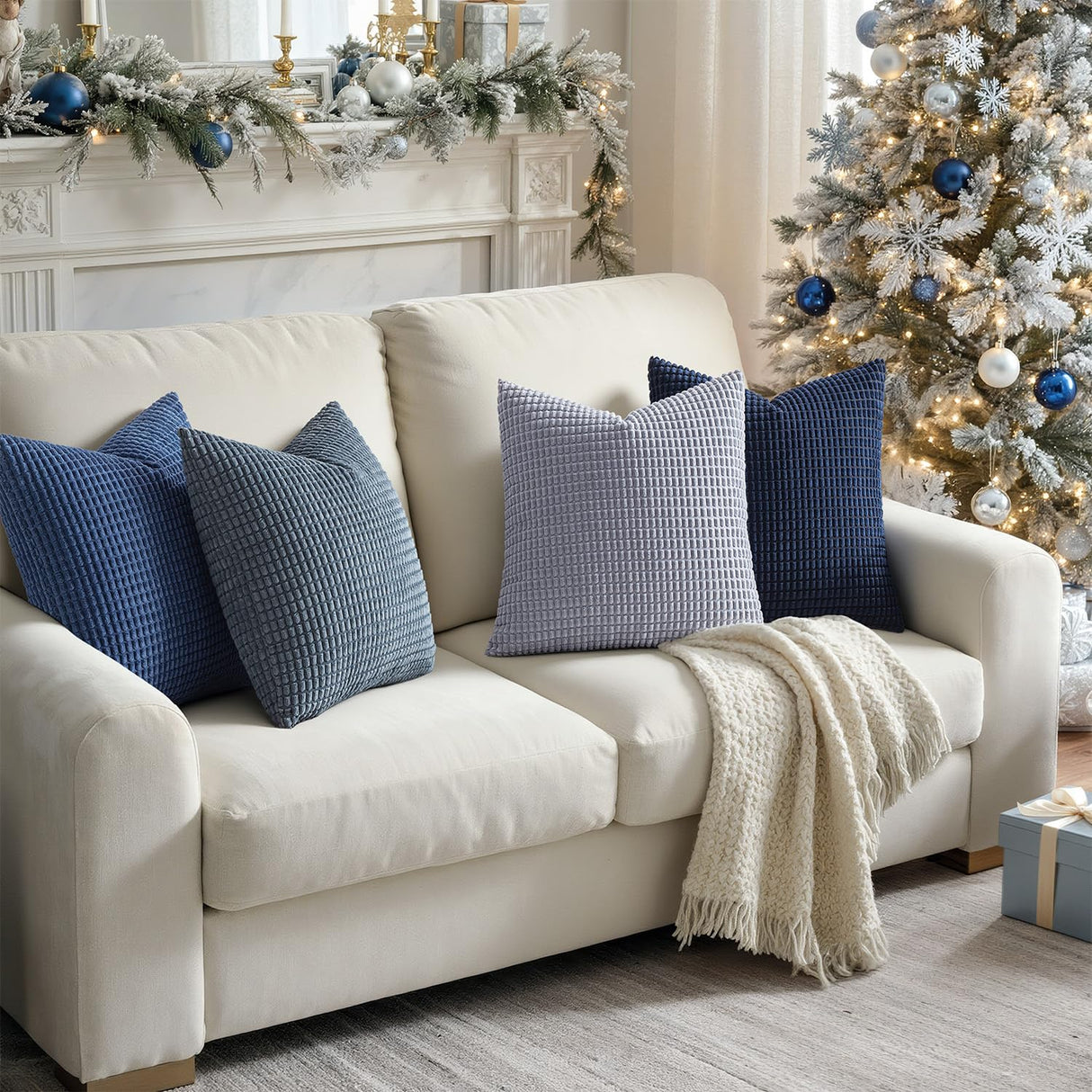 MIULEE Blue Decorative Pillow Covers 18x18 Inch Set of 4 Boho Western Farmhouse Home Decor Couch Throw Pillows Summer Coastal Corduroy Pillowcases Industrial for Sofa Living Room Bed MIULEE