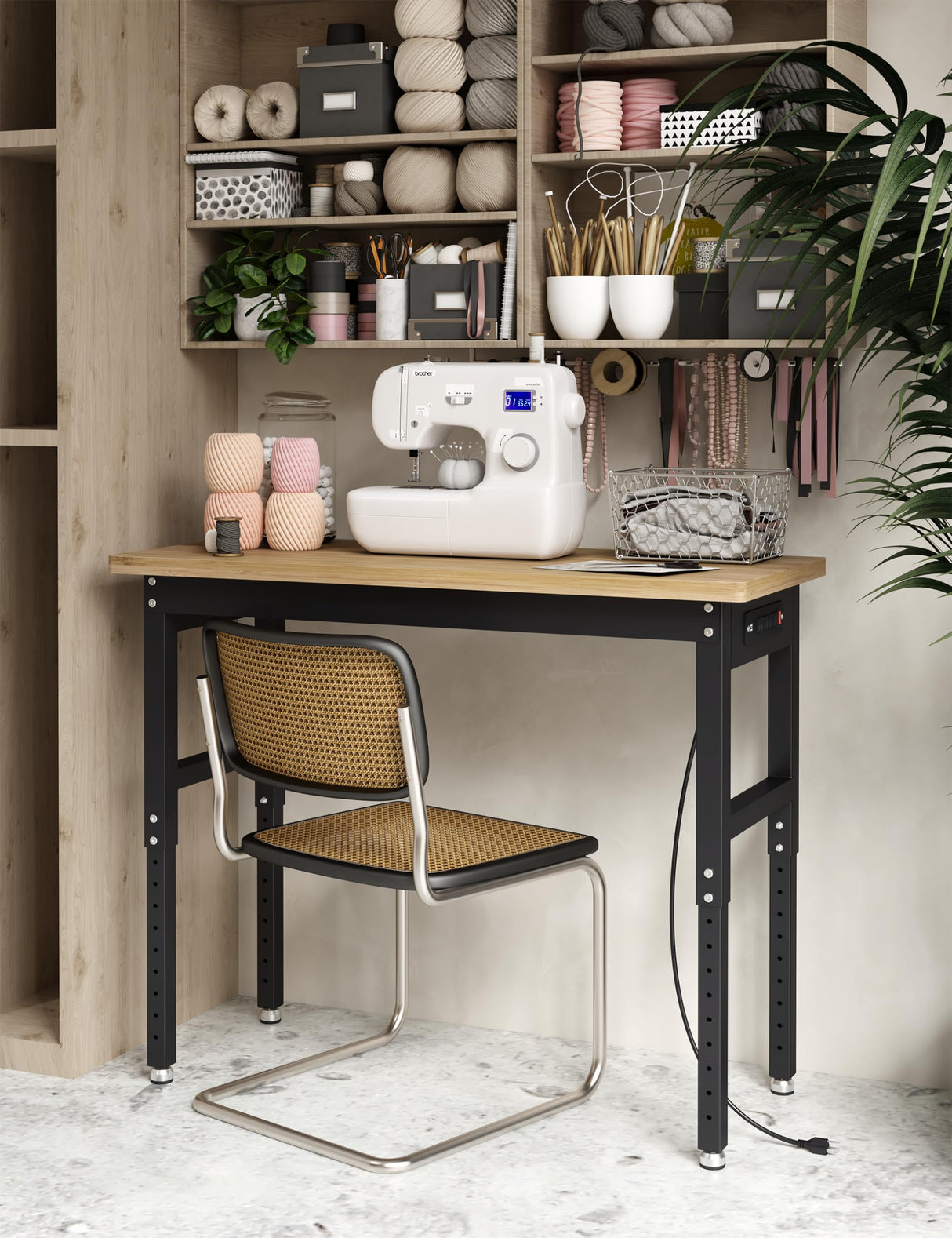 GarveeTech Adjustable Height Workbench, 48" Rubber Wood Top Heavy Duty Work Bench with Power Outlets, 2200 LBS Load Capacity Hardwood Work Bench Table for Workshop, Garage, Office, Home GarveeTech