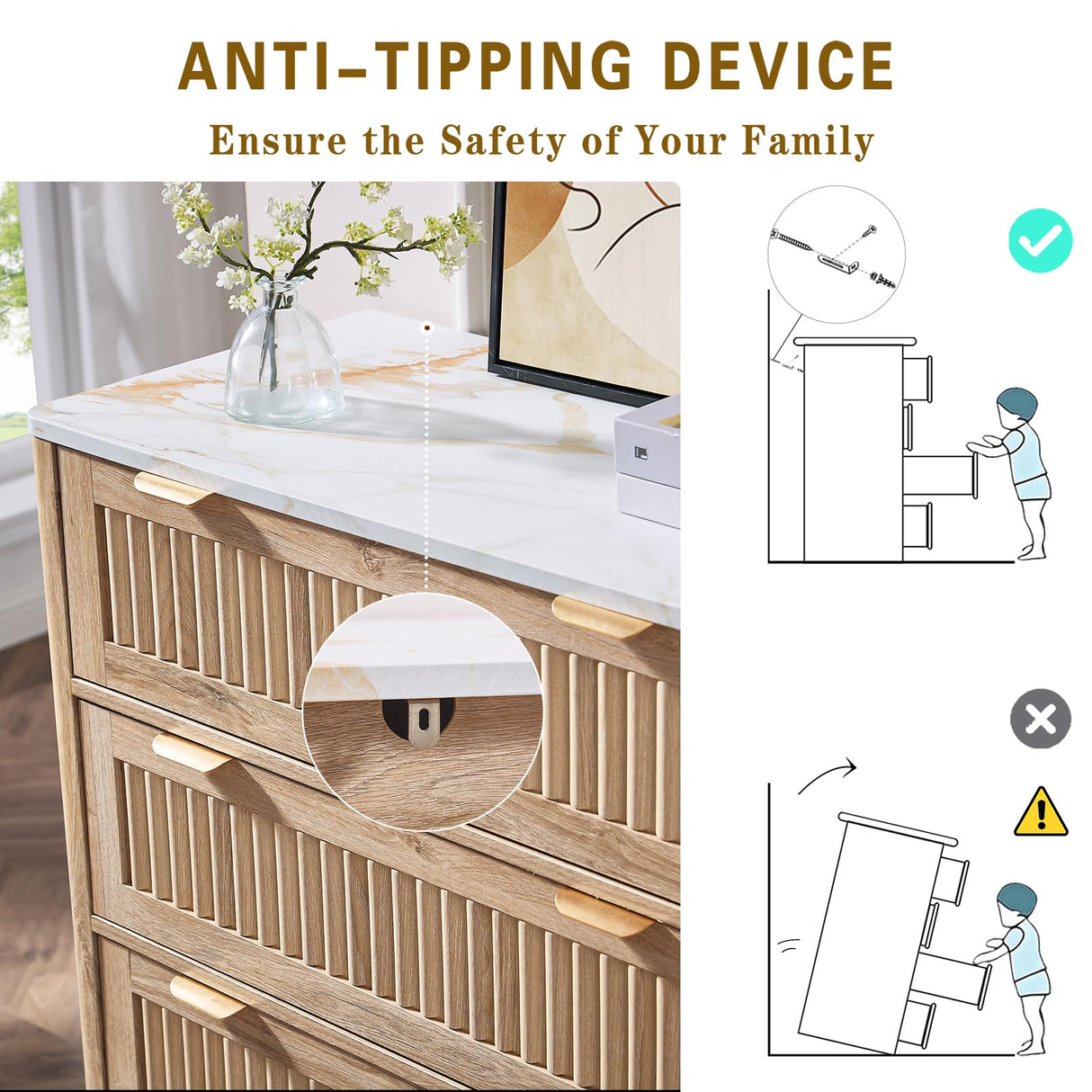 GIAJORYA Fluted Tall Dresser for Bedroom, 5 Drawer Dressers with Faux Marble Top, Wooden Chest of Drawers, Modern Storage Cabinet Organizer, Natural Oak GIAJORYA