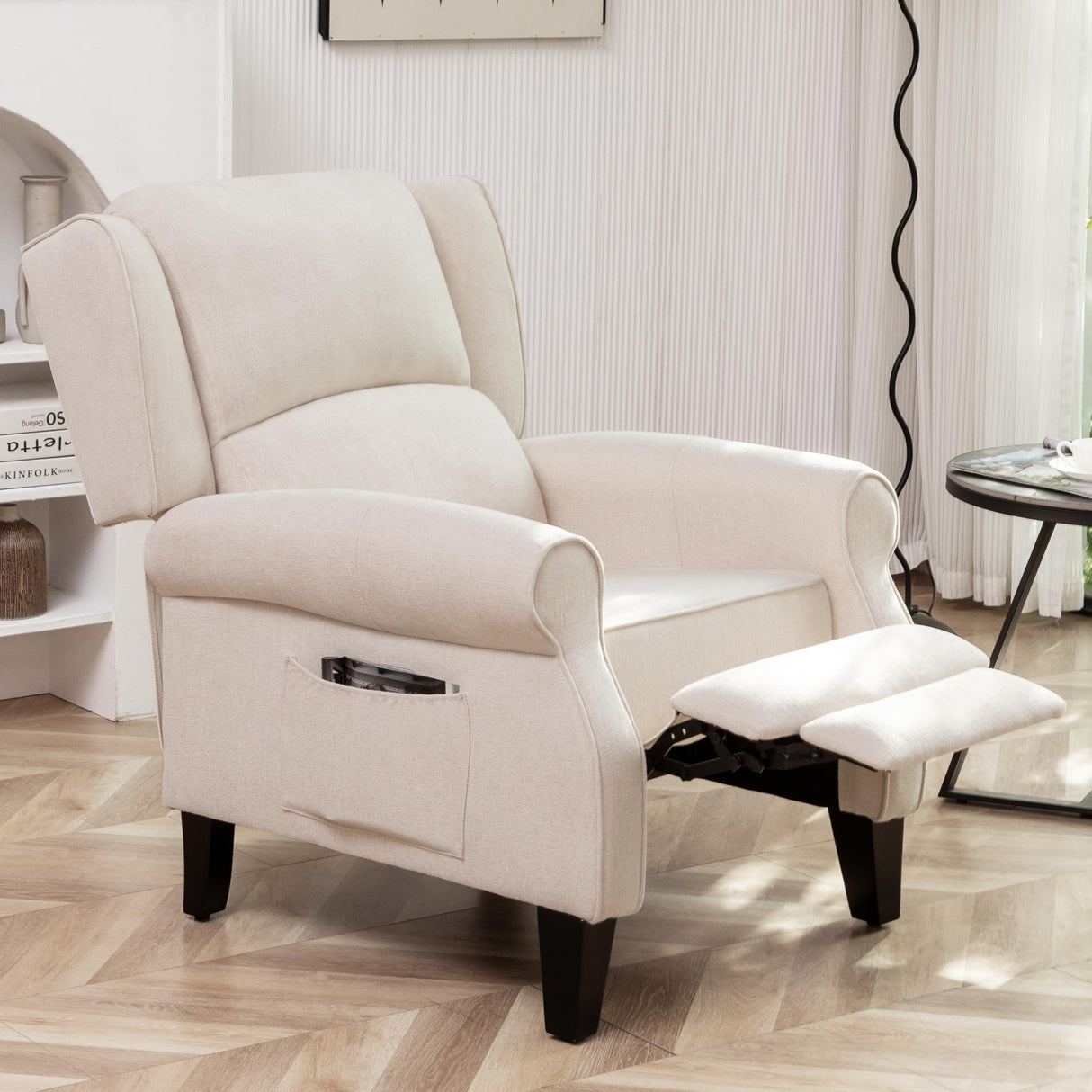 YUUIJOAA Pushback Recliner Chair, Fabric Armchair Push Back Recliner with Adjustable Footrest and Side Pocket, Comfy Wingback Accent Chair Reclining Sofa for Living Room, Bedroom, Beige YUUIJOAA