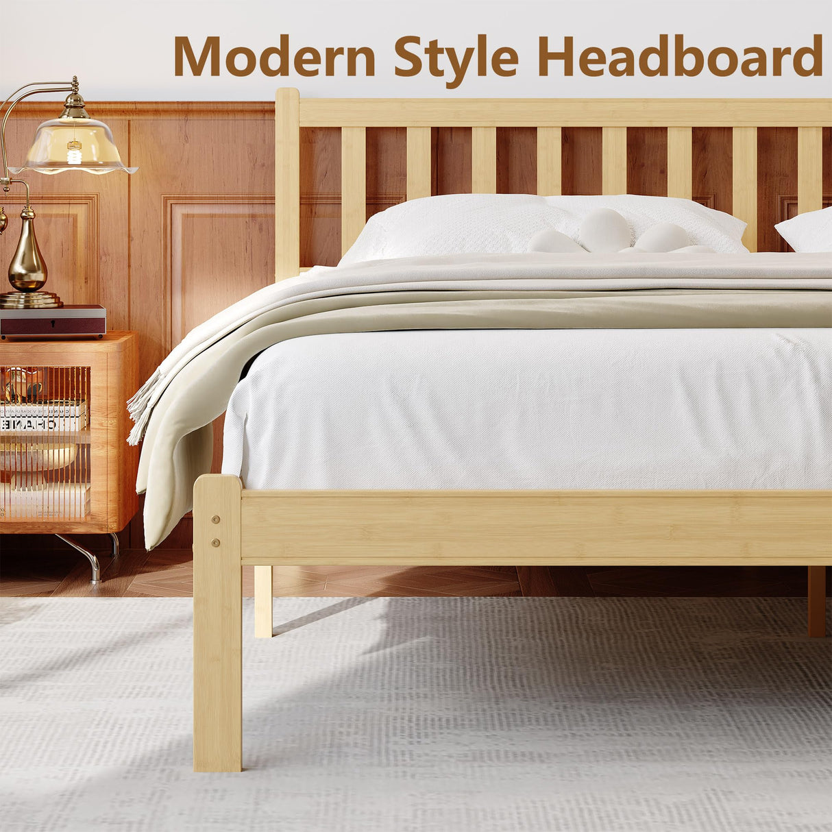 FDLOGW 14 in High Solid Bamboo Wood Twin Bed Frame with Headboard, Platform Twin Size Bed Frame, Heavy Duty, No Box Spring Needed, Nosie Free FDLOGW