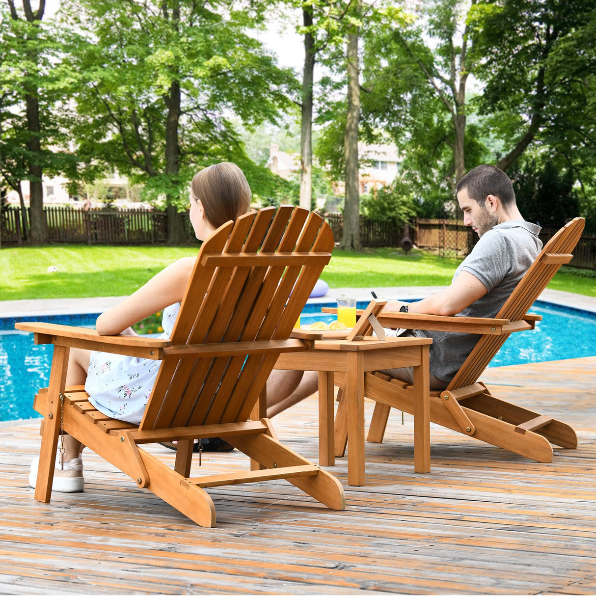 Tangkula 3 Pieces Adirondack Chair Set, Outdoor Wood Furniture Set with 2 Folding Lounge Chairs & Side Table, Widened Armrest, Slatted Design, All Weather Conversation Set for Garden Patio Backyard Tangkula