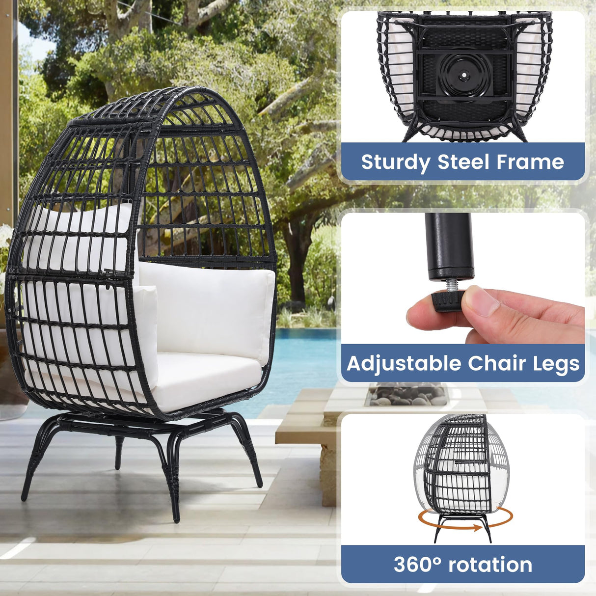 Murago Oversized 360 Swivel Rattan Egg Chair for Adult, Indoor Outdoor Patio Large Wicker Egg Chair with overstuffed Cushions, 440lb Weight Capacity, Black Rattan with Beige Cushion Murago