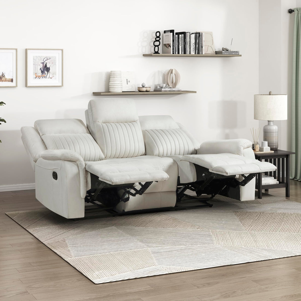 Lexicon Manual Double Reclining Sofa, Polished Microfiber Upholstered 3 Seater Manual Sofa Recliner for Living Room, Wall Hugger, Easy Assembly, Beige Lexicon