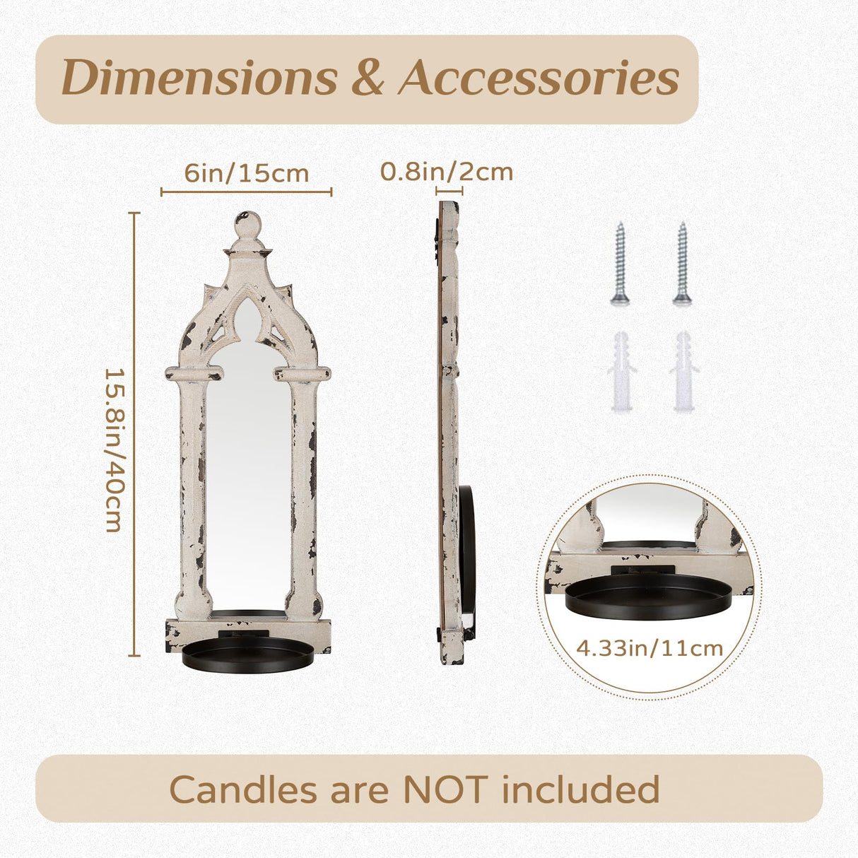 Walasis Rustic Mirror Wall Candle Sconces Set of 2 - Distressed Candle Holder Wood Decor for Farmhouse Bathroom Living Room Mirrored Sconce Walasis