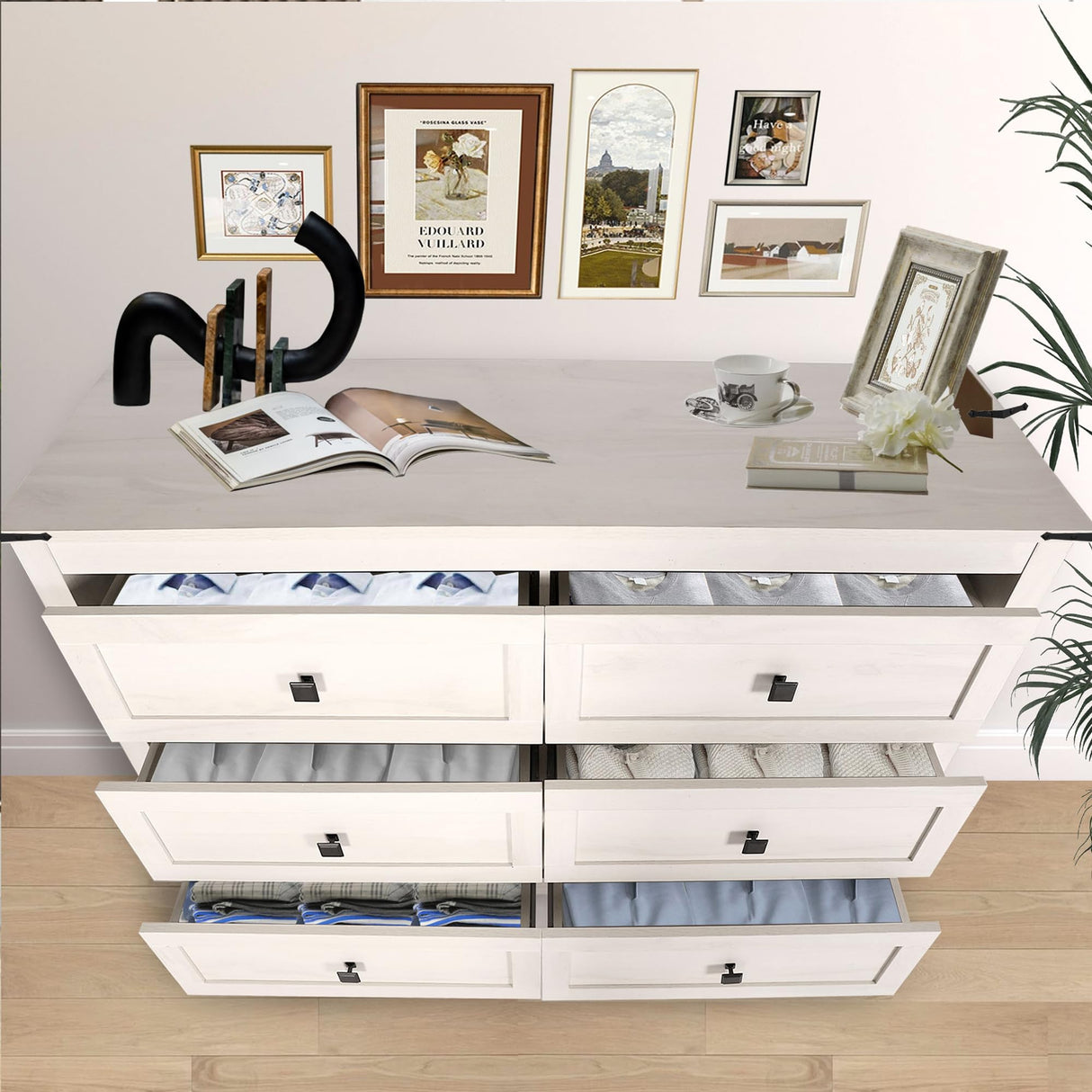 BTDWI Farmhouse 6 Drawer Dresser & 2 Nightstand Sets 3 Piece for Bedroom, Wood Dresser with Metal Handle for Bed Room, Light Beige BTDWI