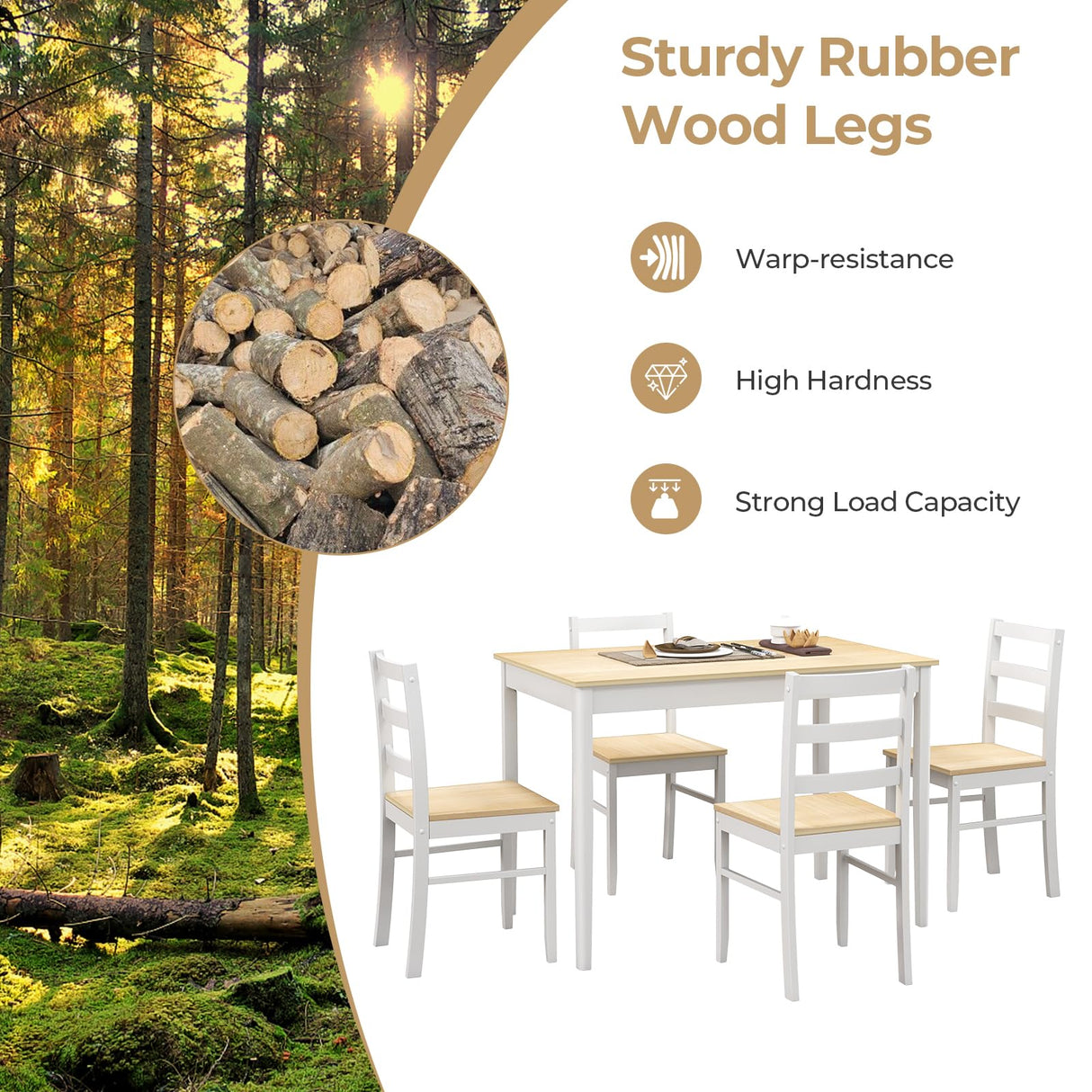 Tangkula Dining Table Set for 4, Solid Wood, Farmhouse Dinette Set w/Rubber Wood Legs, Modern Dining Table and Chairs Set for Kitchen, Dining Room (Natural+White) Tangkula