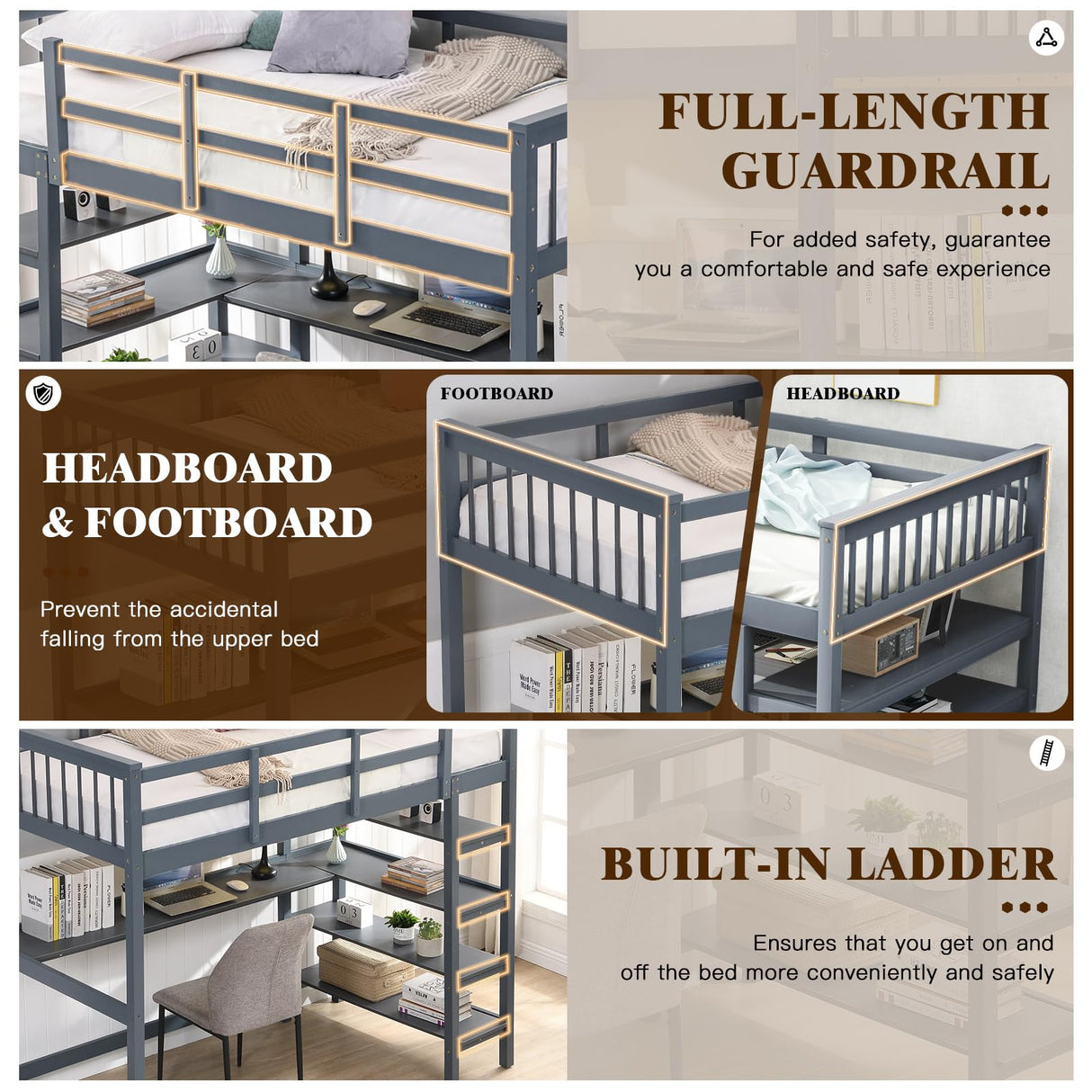 KINFFICT Loft Bed Full Size with Desk and Shelves, Heavy Duty Full Loft Bed Frame with Bookcase Storage, Solid Wood Lofted Bed Frame, Space-Saving, Noise Free, No Box Spring Needed KINFFICT