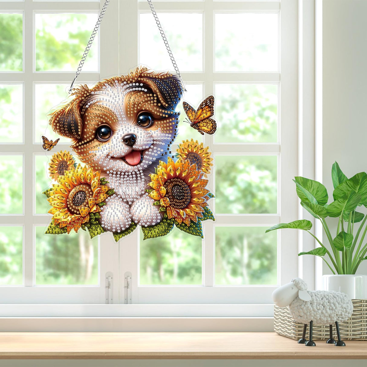 Bowetile Dog Diamond Art Hanging Kits for Adults Kids, 5D Special Shape Diamond Painting Sunflowers Pendant Kits, Animal Gem Art Suncatchers Painting Window Ornament for Home Garden Wall Decor Bowetile