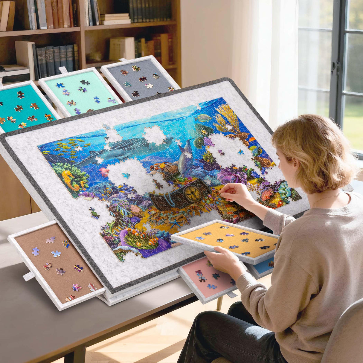 Becko US Tilting Puzzle Board with 2-in-1 Designed Stand & Cover, Lightweight Felt Storage Case with 8 Drawers for Adults, Portable Jigsaw Puzzle Table for Games Up to 1500 Pieces