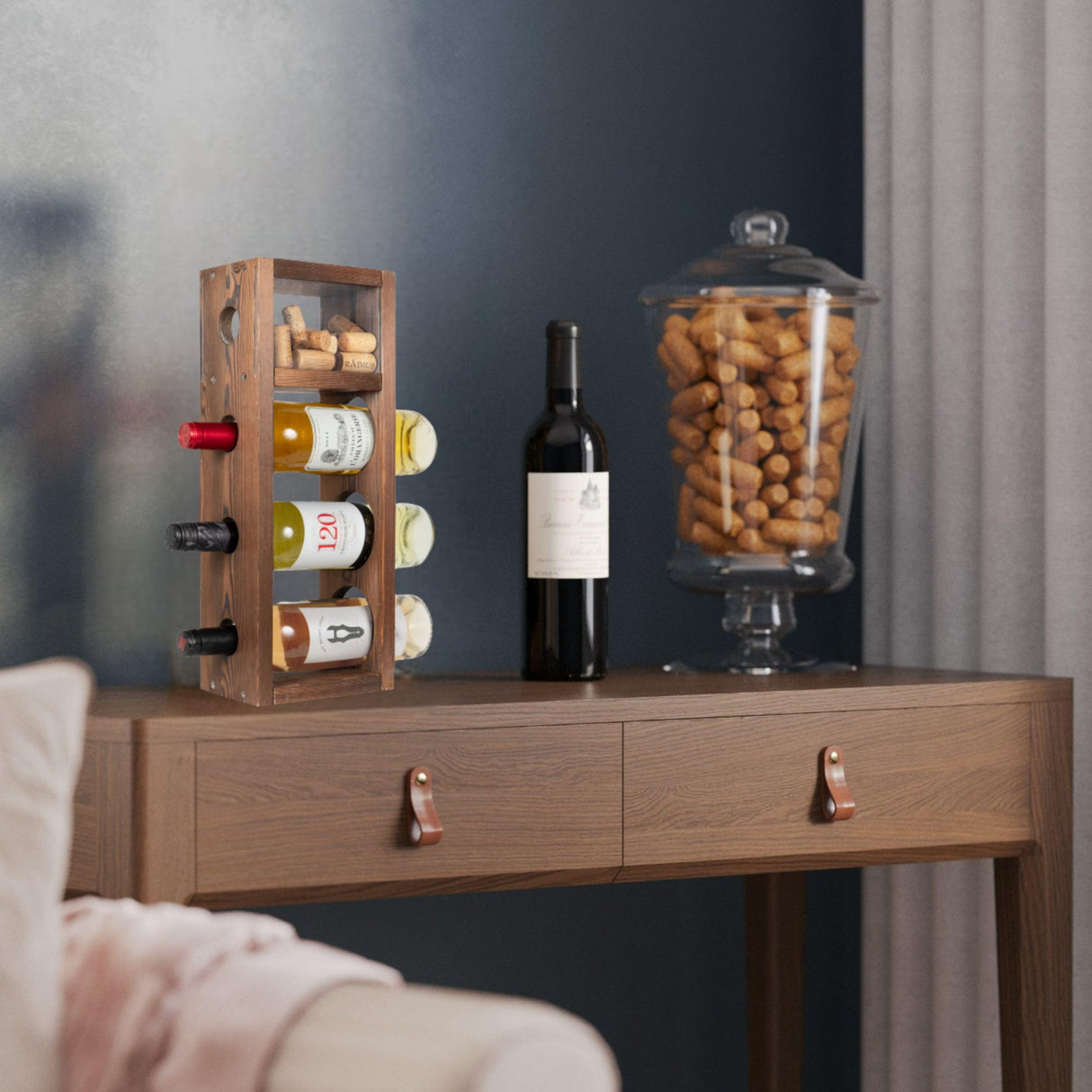 Rustic State Sonoma Countertop Wood Vertical Wine Rack with Cork Storage - Freestanding Tabletop Liquor Holder Shelf Organizer - Holds 3 Bottles - Home Kitchen Dining Room Bar Décor - Burnt Brown Rustic State