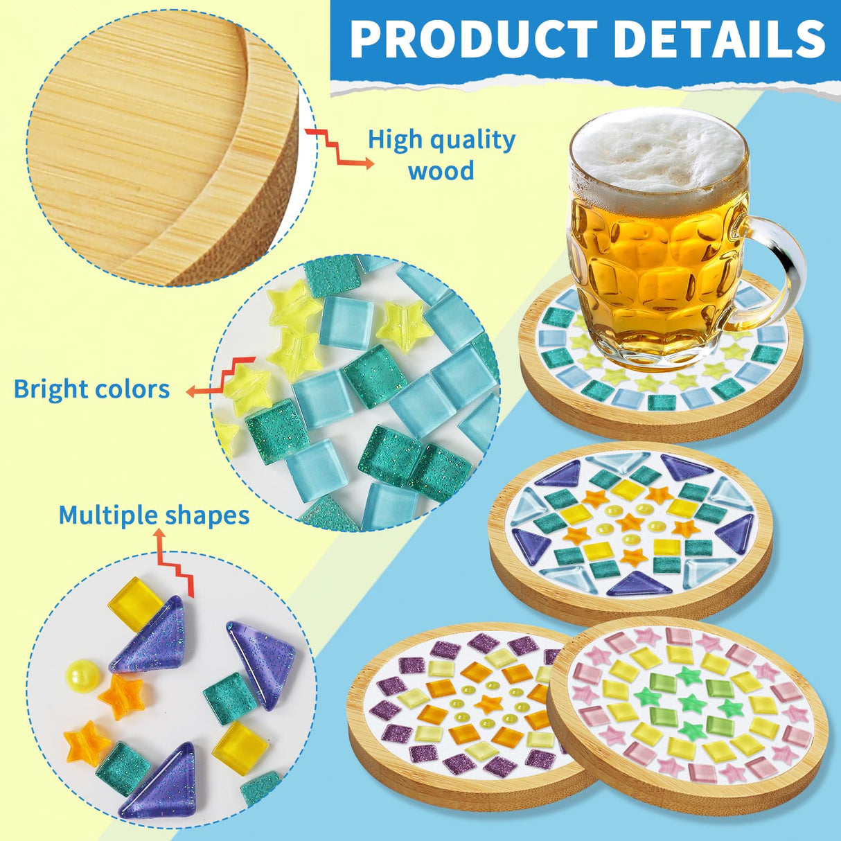 Mosaic Tiles,Tumwisk 4 Sets DIY Glass Mosaic Tiles for Crafts,4 Styles of DIY Mosaic Coaster Kit Material Package for Adults Handmade Home Table Desk Decoration Housewarming Present Tumwisk