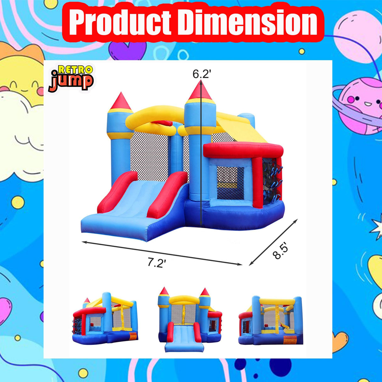 RETRO JUMP Inflatable Bounce House, Bouncy House for Kids Outdoor, Inflatable Kids Bounce House with Jumping Ball Pit & Basketball Hoop, Ocean Balls, Blower, Patch Kits, Stakes, Carrying Bag RETRO JUMP