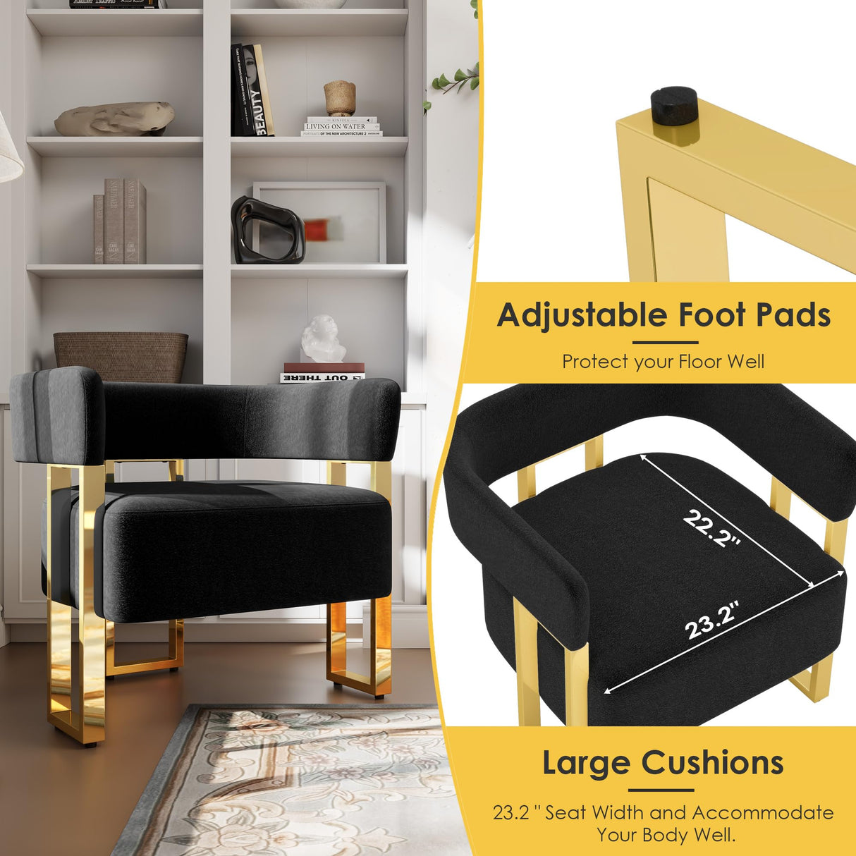 STHOUYN Modern Black and Gold Accent Chair Set of 2, Boucle Bucket Chairs Set of 2, Arm Chairs for Living Room Bedroom (2, Black) STHOUYN